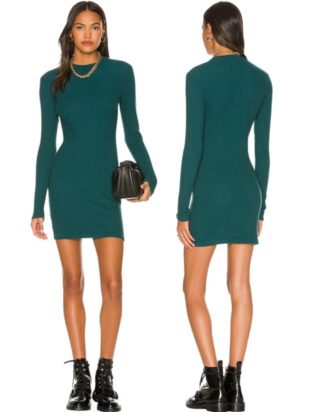 Monrow Brushed Thermal Long Sleeve Mock Neck Mini Dress Women's Small Abyss NWT